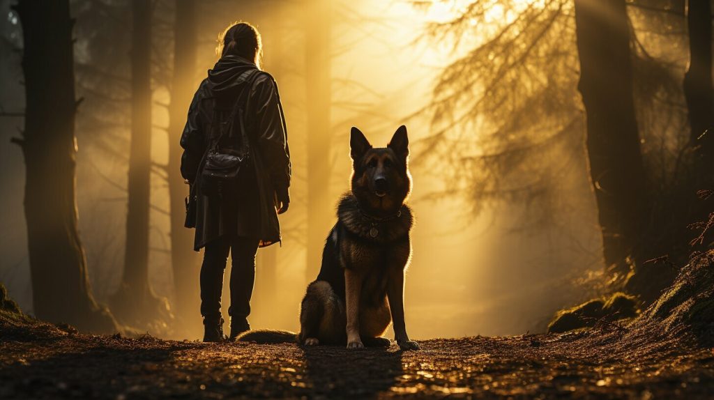 German Shepherd guarding a woman