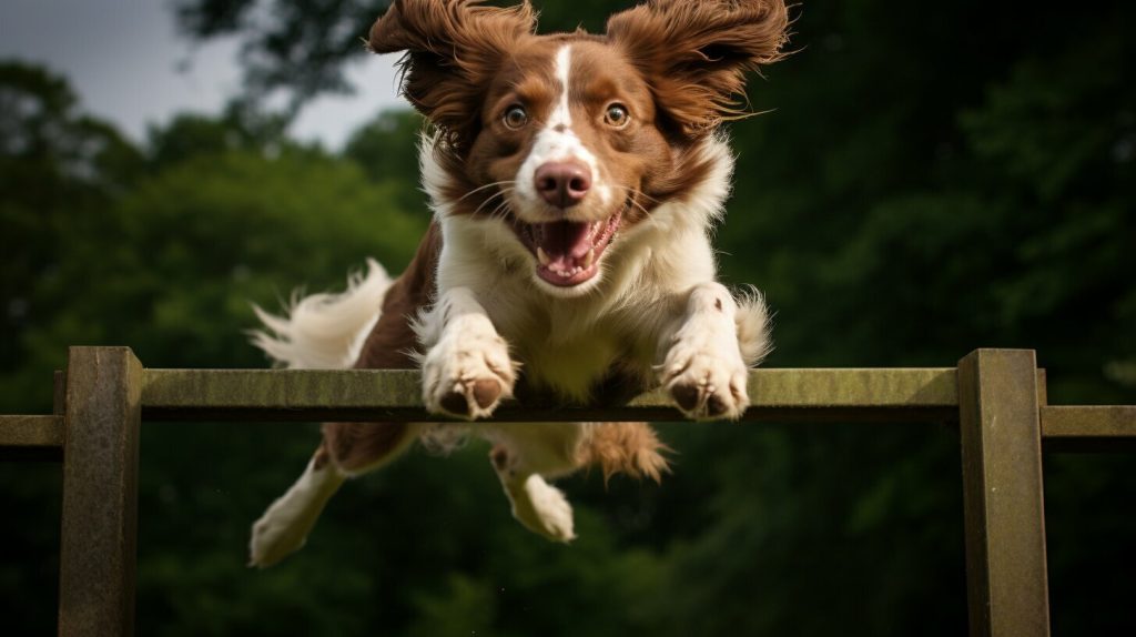dog jumping over a gate