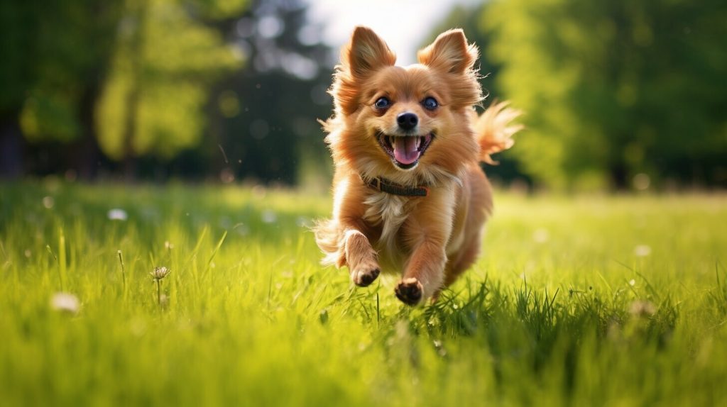 small dog running on grass