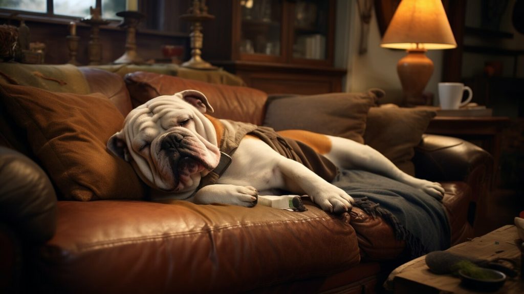 Bulldog lying on a couch