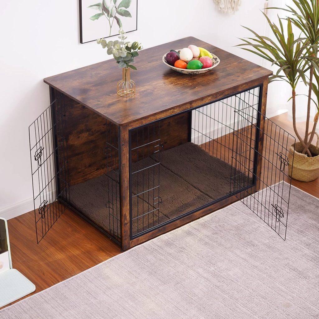 DWANTON Dog Crate Furniture with Cushion, XL Wooden Dog Crate with Double Doors, Large Dog Crate Furniture, Dog Kennel Indoor, End Table, 43.3 L