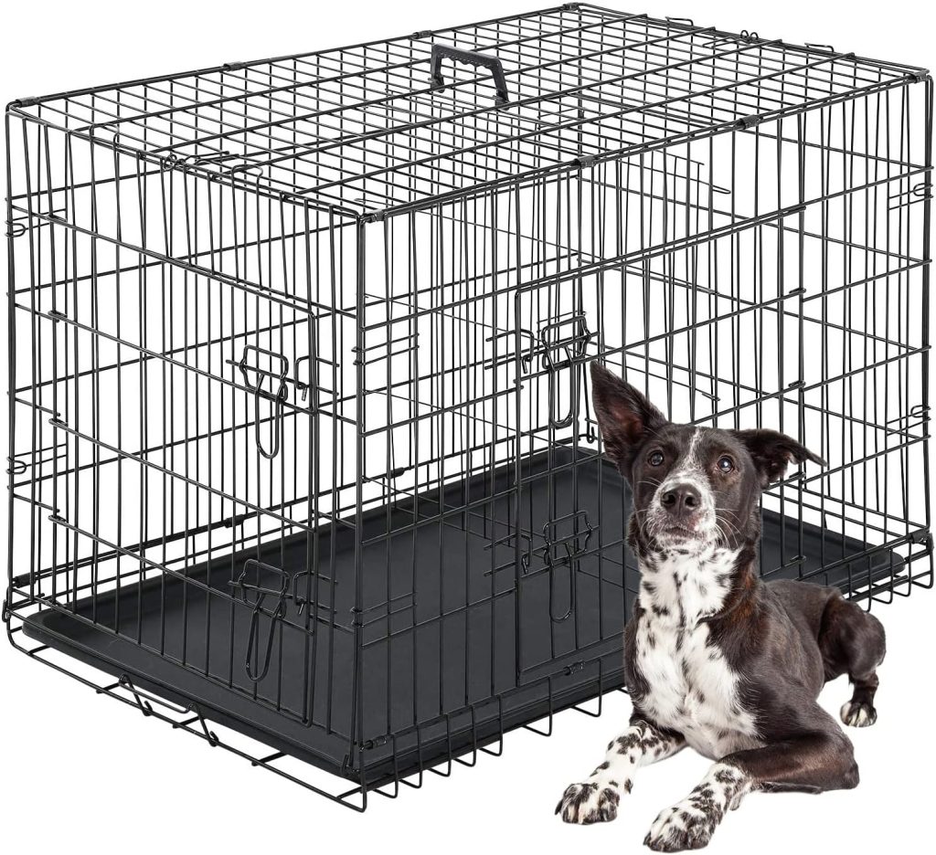 FDW Dog Crate Dog Cage Pet Crate for Large Dogs 42Inch Folding Metal Pet Cage Double Door W/Divider Panel Indoor Outdoor Dog Kennel Leak-Proof Plastic Tray Wire Animal Cage