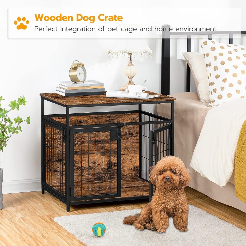 HOOBRO Dog Crate Furniture, Wooden Dog Crate Table, Dog Kennels with 3 Doors Indoor, Decorative Mesh Pet Crate End Table for Medium/Small Dog, Chew-Resistant Dog House, Rustic Brown and Black BF63GW03