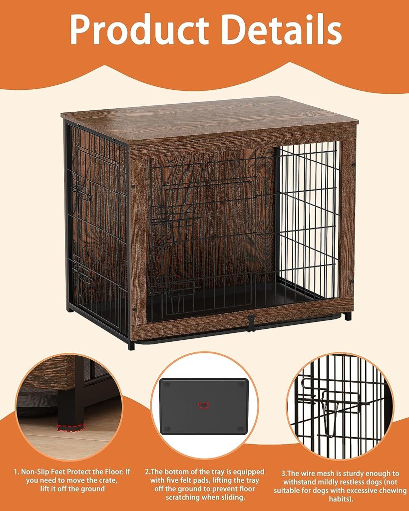Megidok Wooden Dog Crate Furniture with Cushion, Dog Crate End Table with Tray, Double Doors Dog Crate Furniture Style, Decorative Dog Kennels Indoor for Medium Dog-Rustic Style, 32 * 22 * 26 in