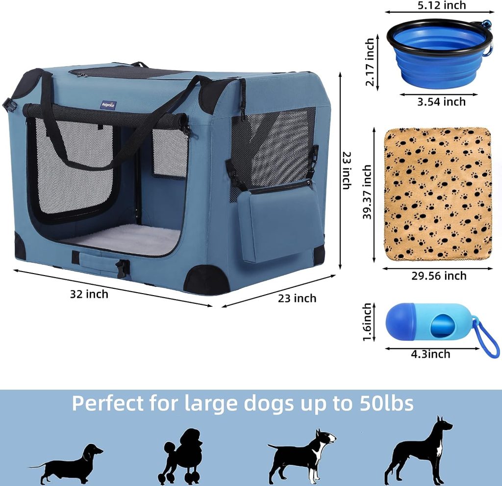 Petprsco Portable Dog Crate, Collapsible Dog Travel Crate 32x23x23 with Soft Blanket Foldable Bowl and a Poop Bag with Dispenser for Medium  Large Dogs