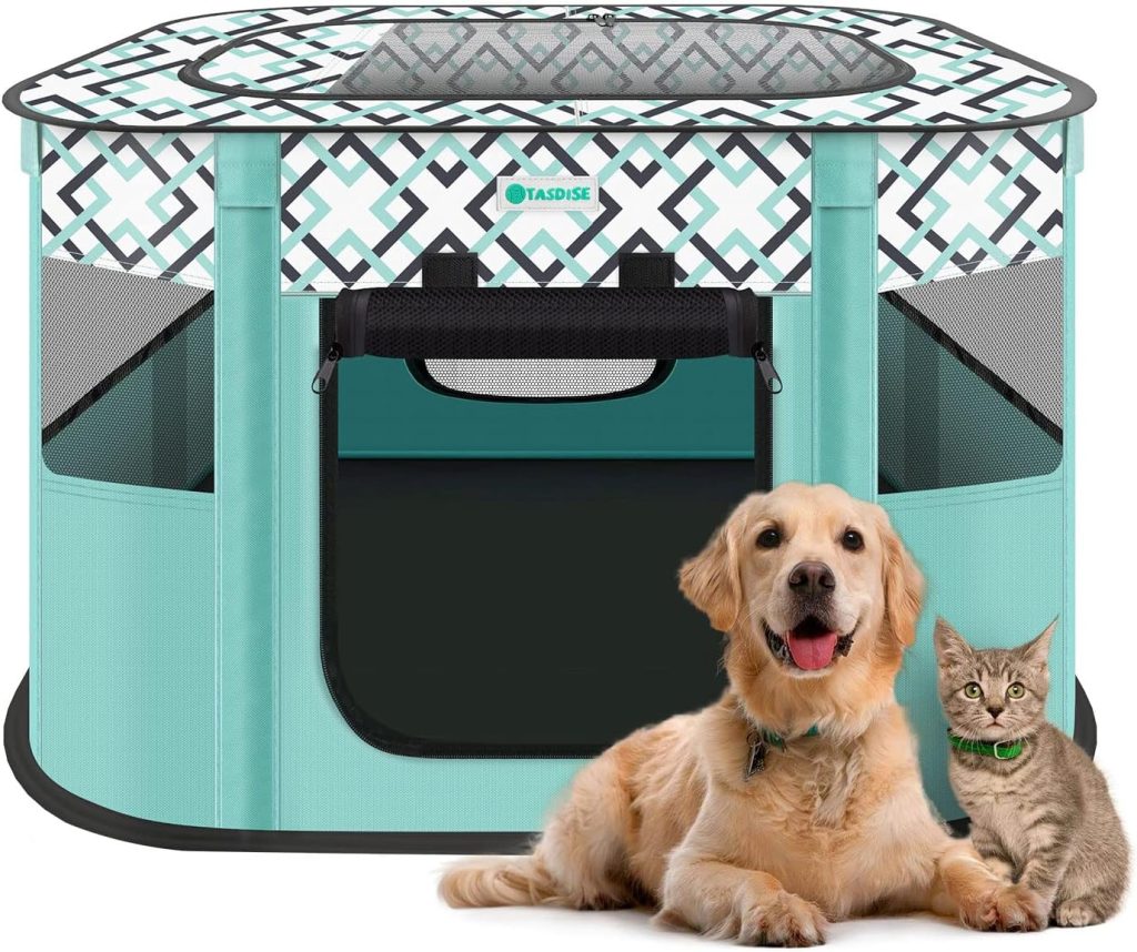 TASDISE Portable Pet Playpen, Foldable Exercise Play Tent Kennel Crate for Puppy Dog Yorkie Cat Bunny, Great for Indoor Outdoor Travel Camping Use, Come with Free Carring Case, 600D Oxford