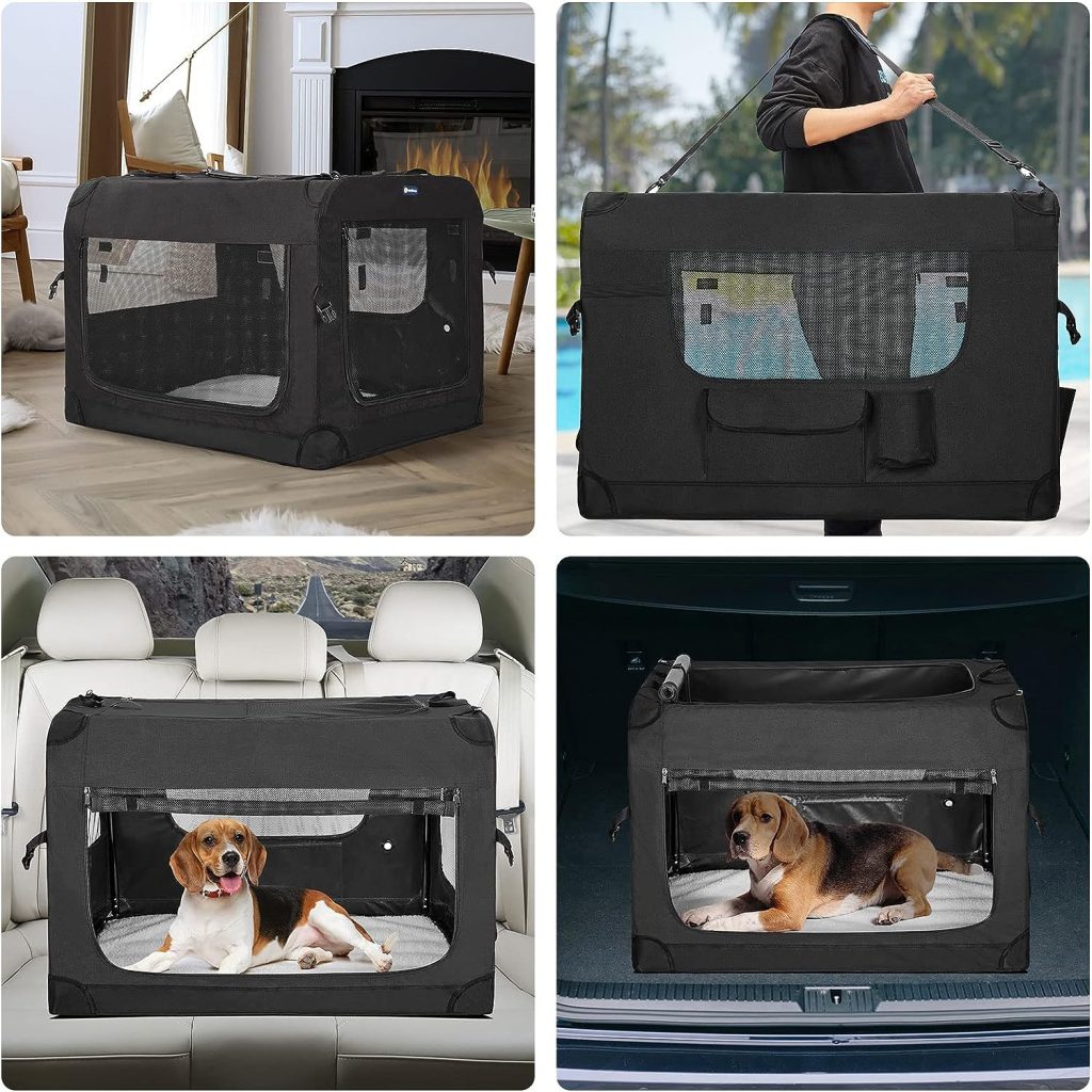 Veehoo Folding Soft Dog Crate, 3-Door Pet Kennel for Crate-Training Dogs, 5 x Heavy-Weight Mesh Screen, 600D Cationic Oxford Fabric, Indoor  Outdoor Use, 20, Black