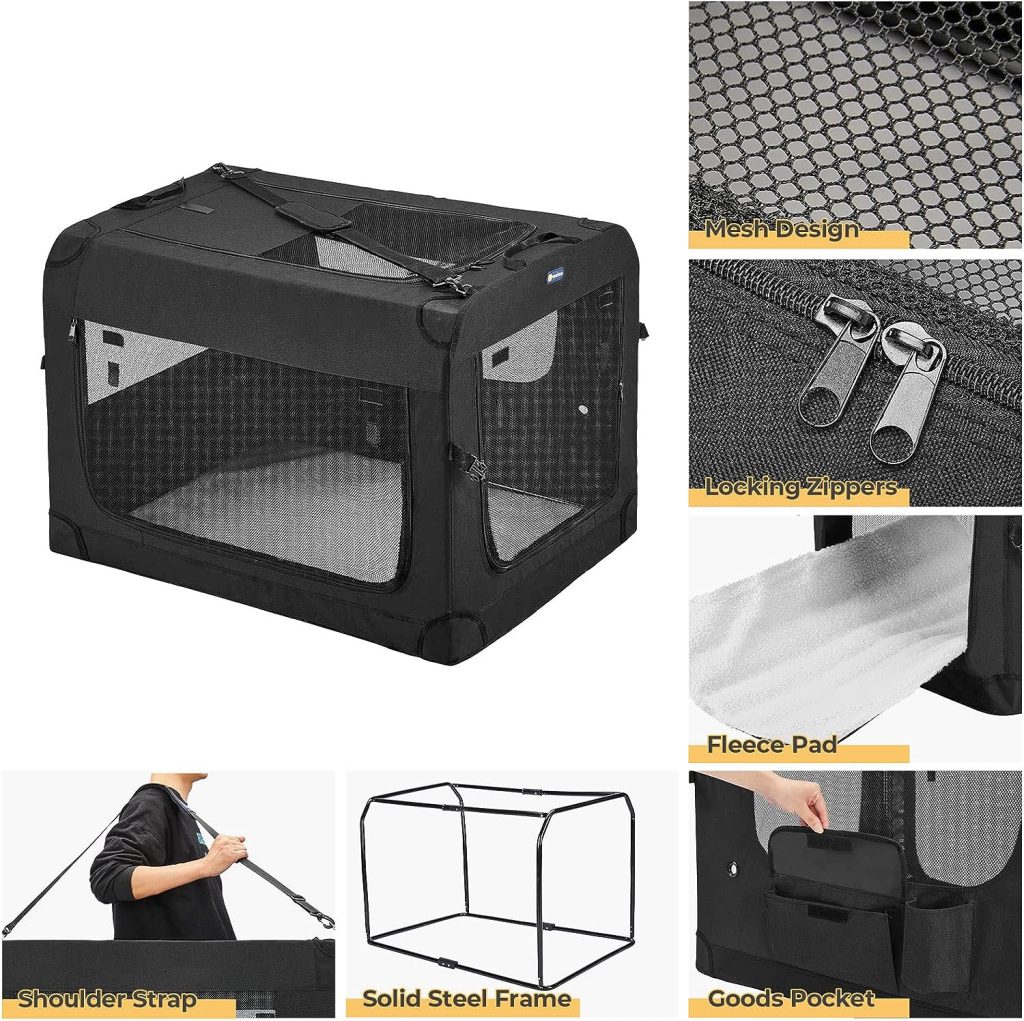 Veehoo Folding Soft Dog Crate, 3-Door Pet Kennel for Crate-Training Dogs, 5 x Heavy-Weight Mesh Screen, 600D Cationic Oxford Fabric, Indoor  Outdoor Use, 20, Black